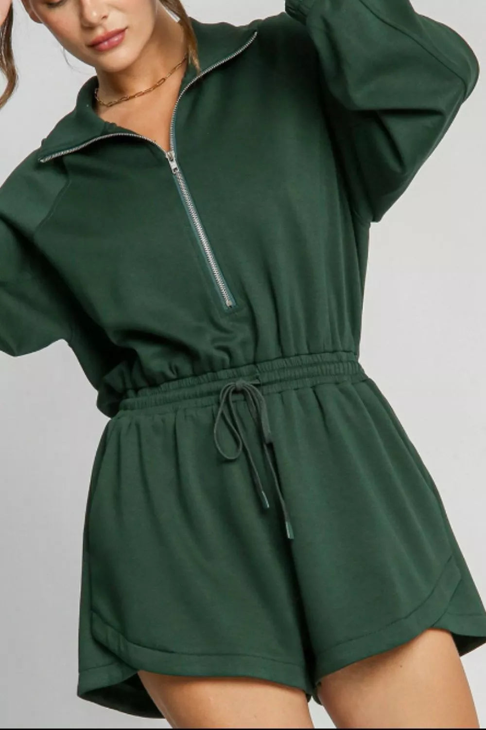 Zip-Up Drawstring Waist Romper