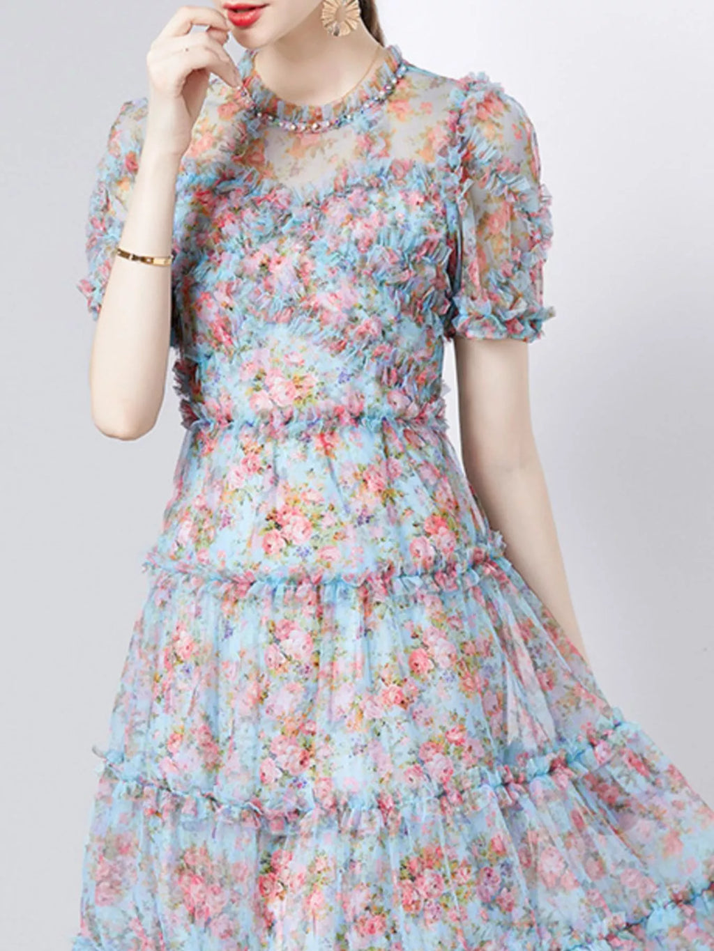 Frill Floral Print Short Sleeve Dress