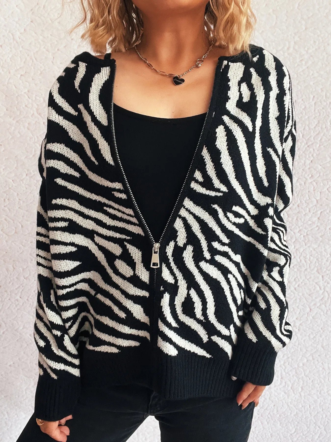 Zebra Print Zip Up Cardigan