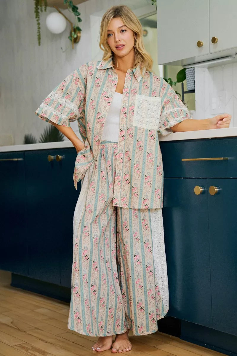 BiBi Eyelet Lace And Floral Mix And Match Shirt Top