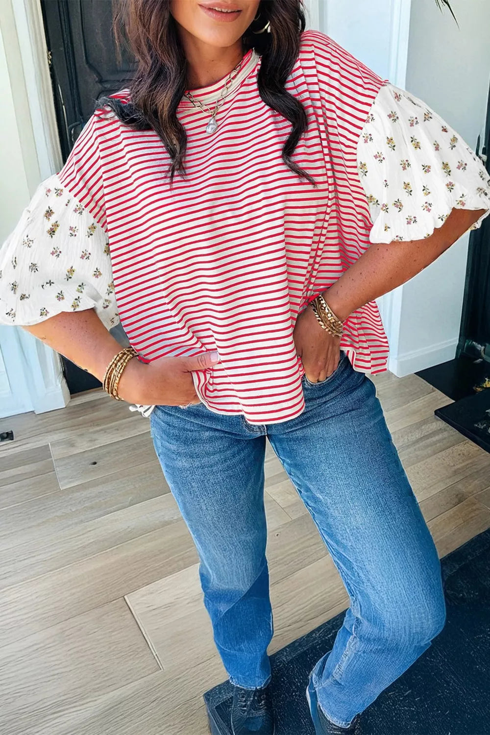 Stripe Floral Puff Sleeve Patchwork Round Neck Loose Top