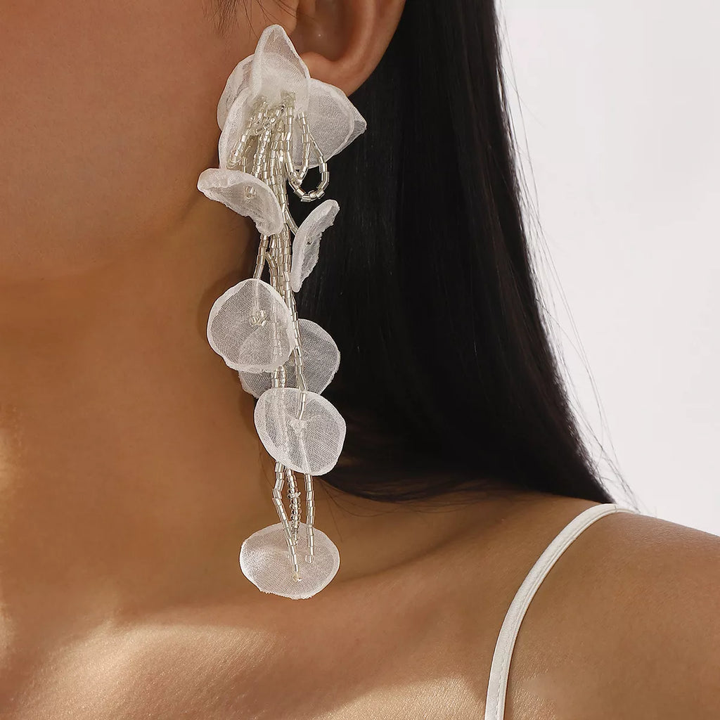 Floral Petal Beaded Tassel Drop Earrings