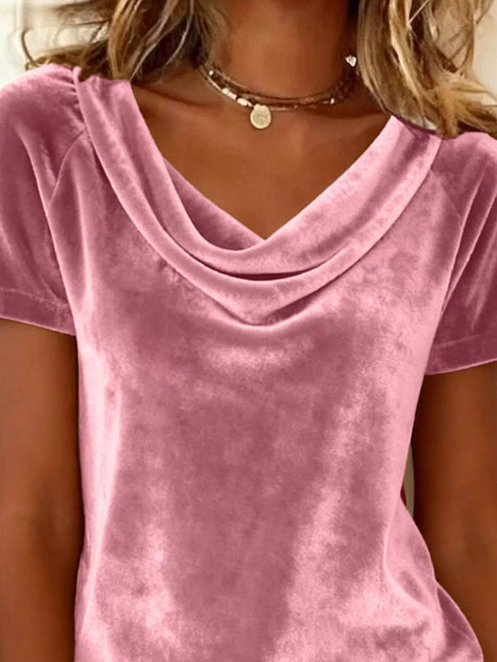 Velvet Cowl Neck Short Sleeve Top