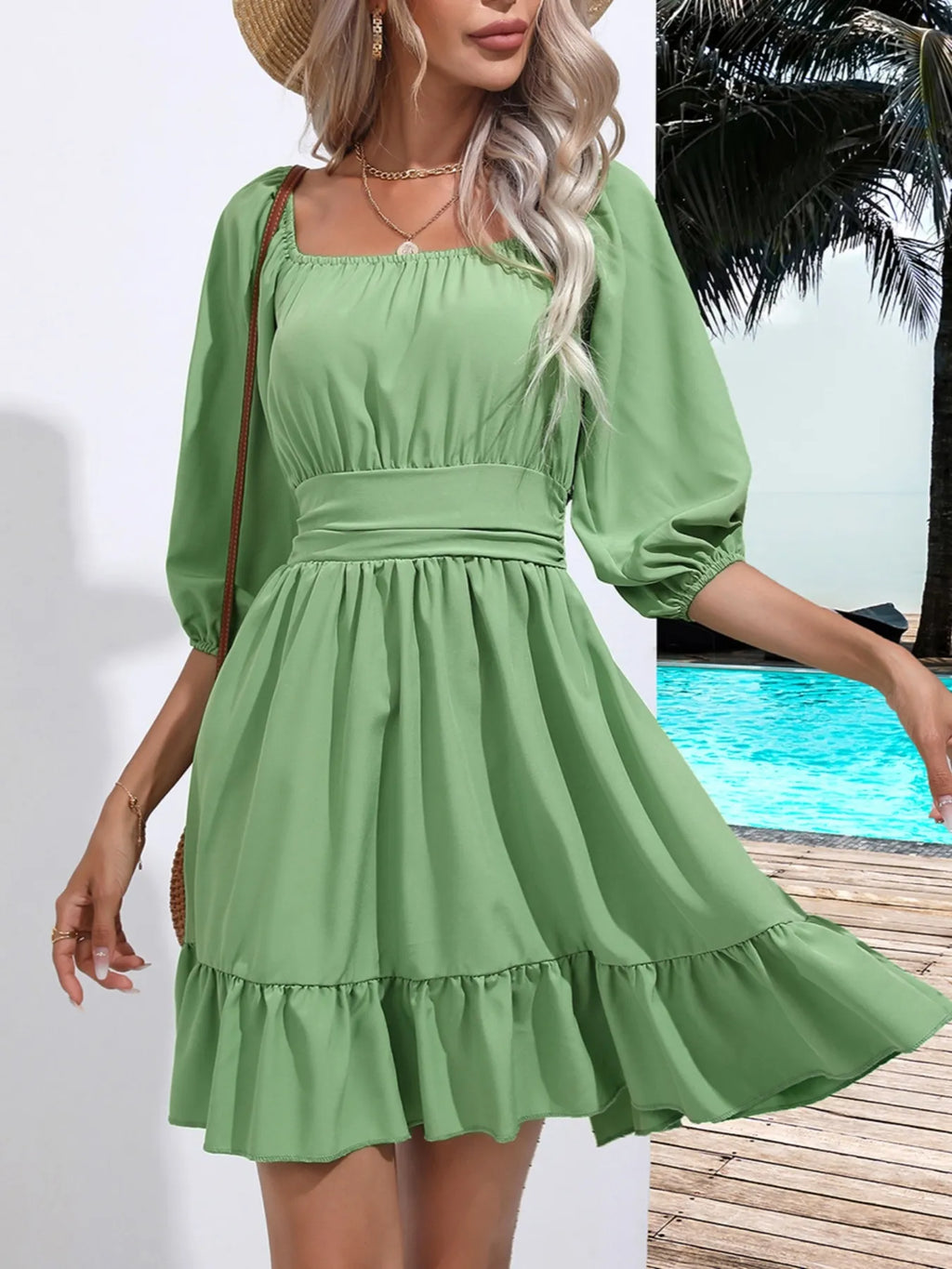 Tie Back Ruffled Hem Square Neck Dress