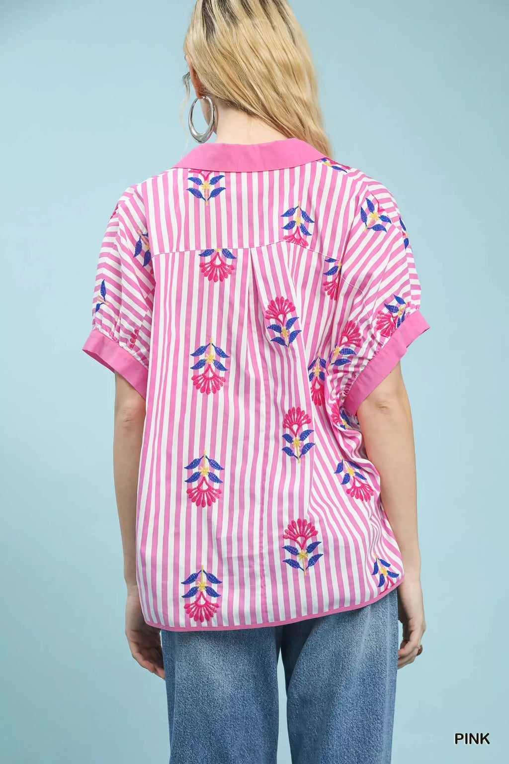 Umgee Stripe Embroidered Button-Front Boho Blouse