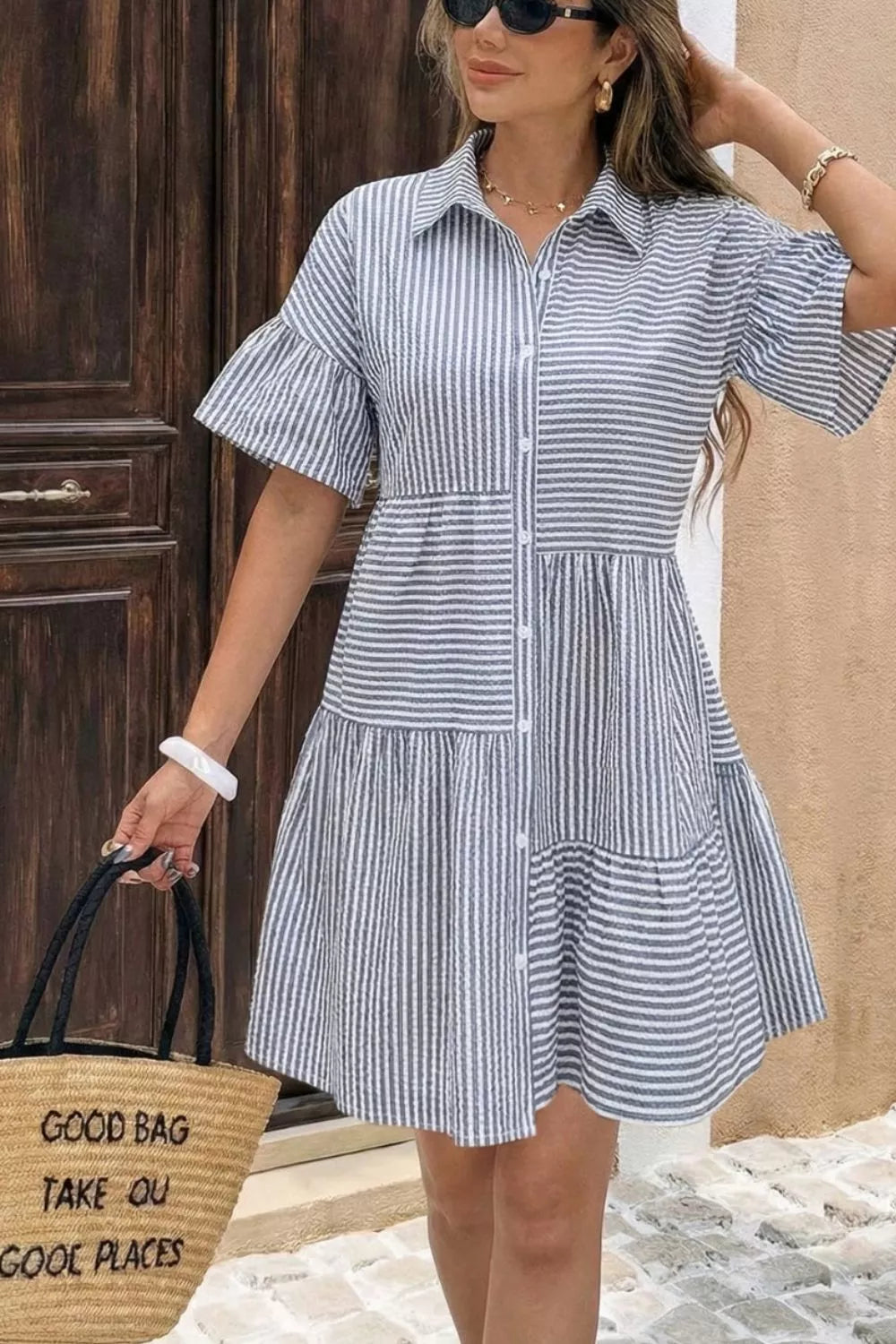 Striped Button-Up Ruffle Hem Mini Dress