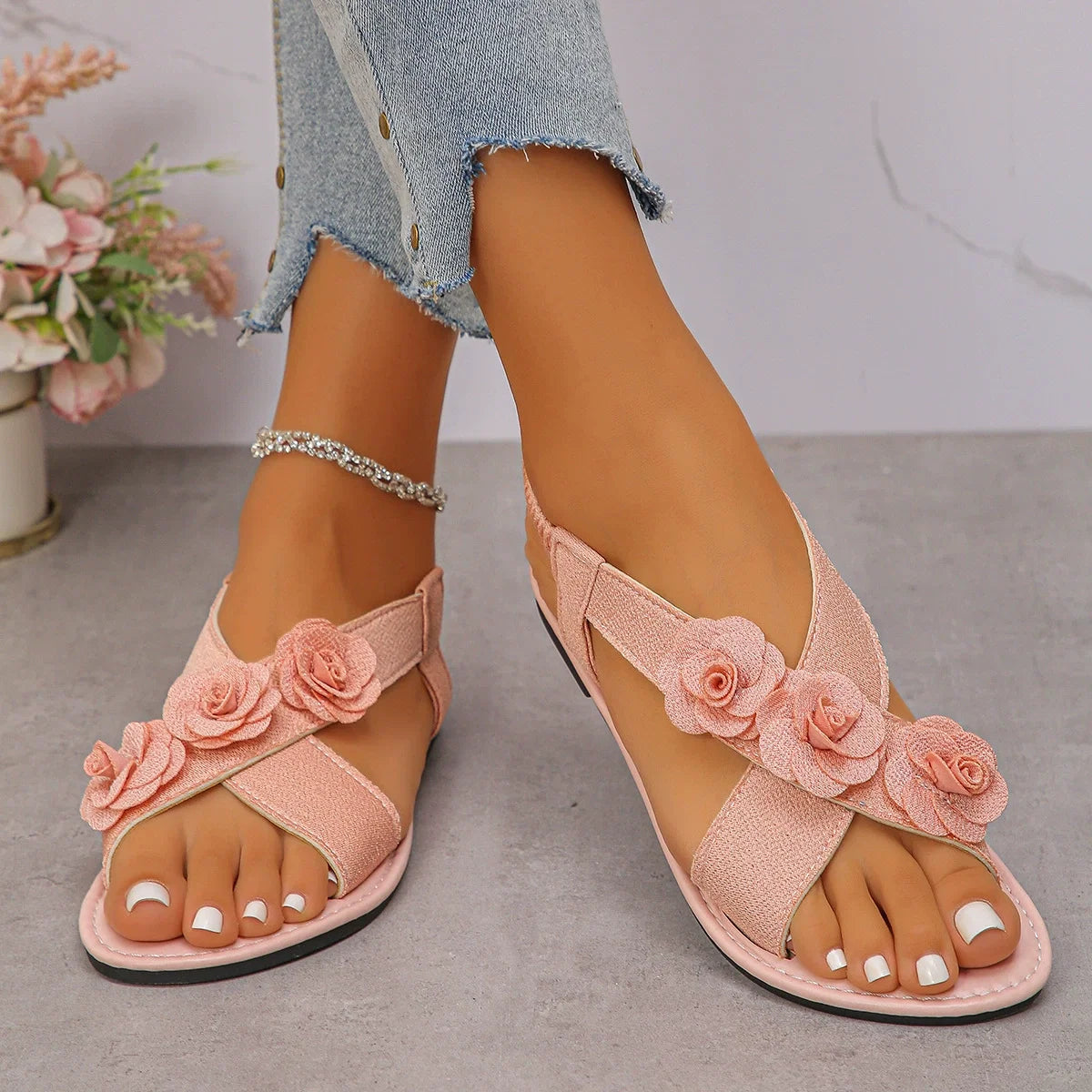 Floral Embellished Elastic Slingback Sandals