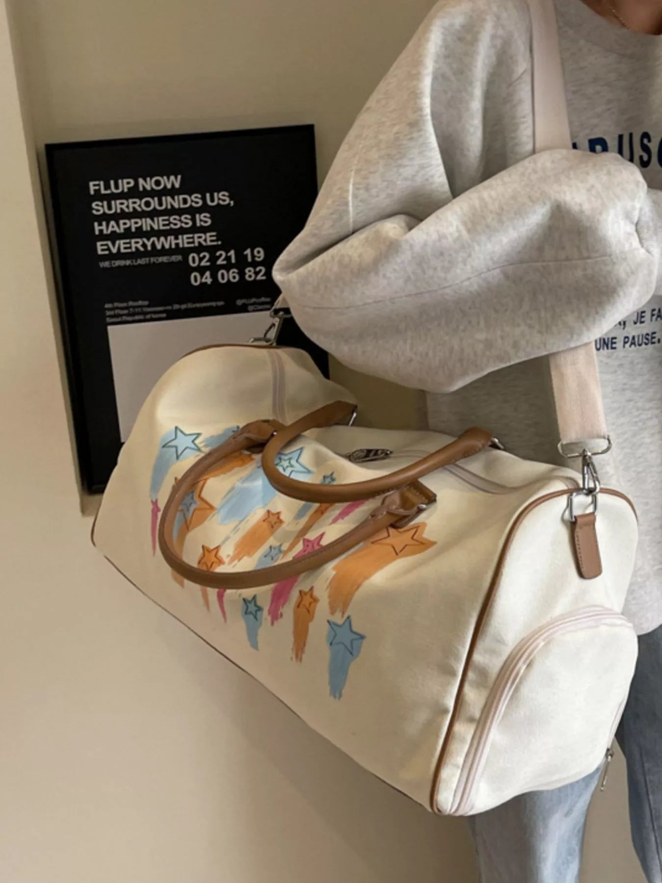 Canvas Duffle Bag with Shooting Star Print