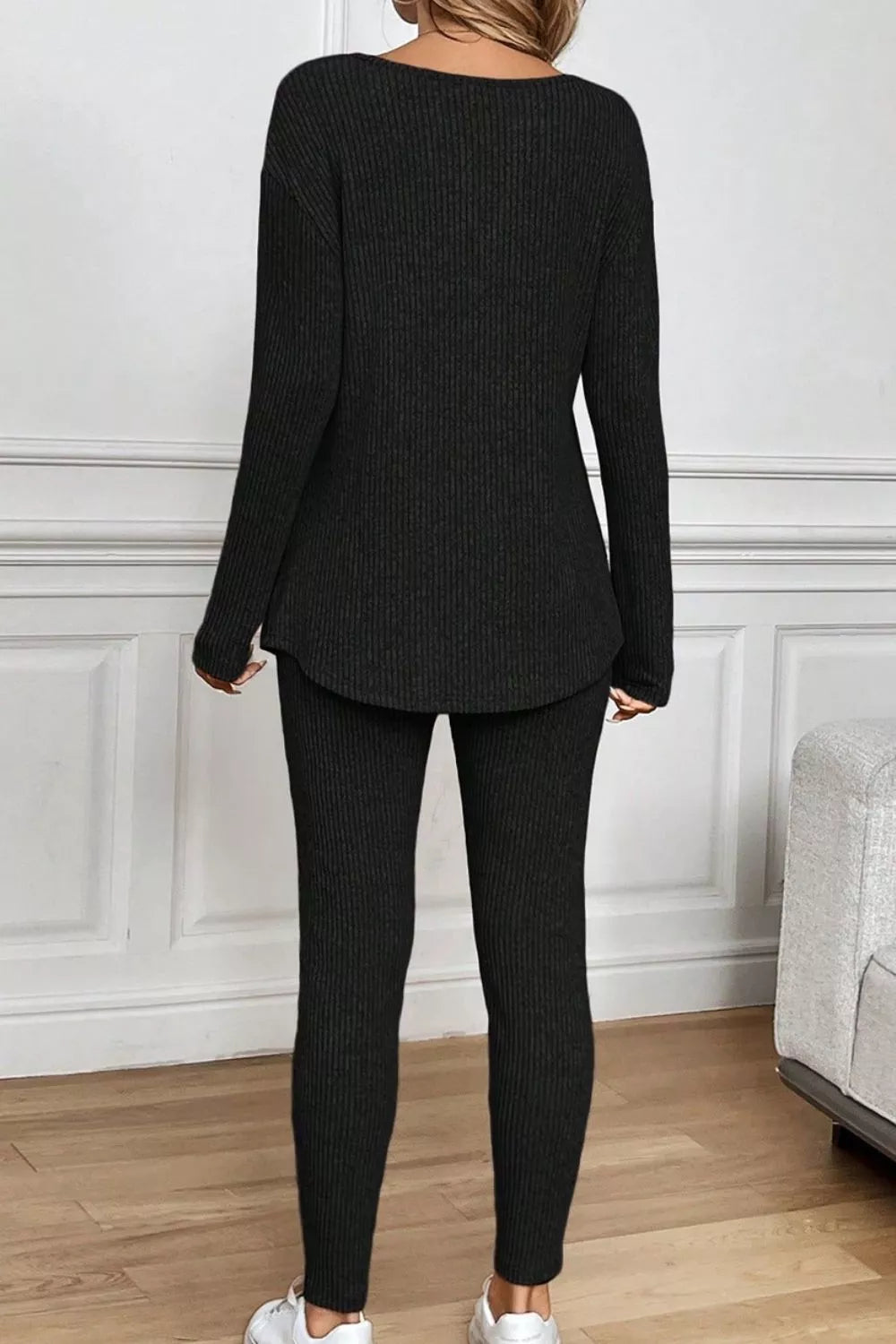 Notched Long Sleeve Top and Pants Set