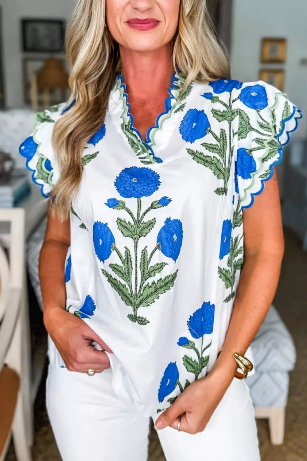 Contrast Scallop Trim Layered Short Sleeve V Neck Blouse