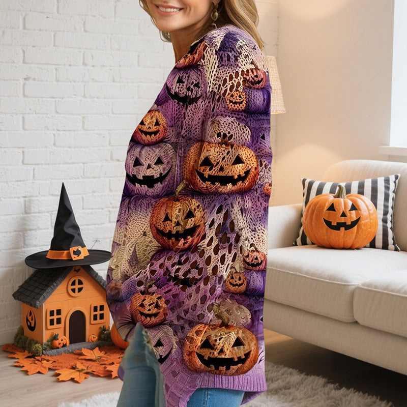 Women’s Hollow Out Batwing Top – Halloween Pumpkin Print Blouse