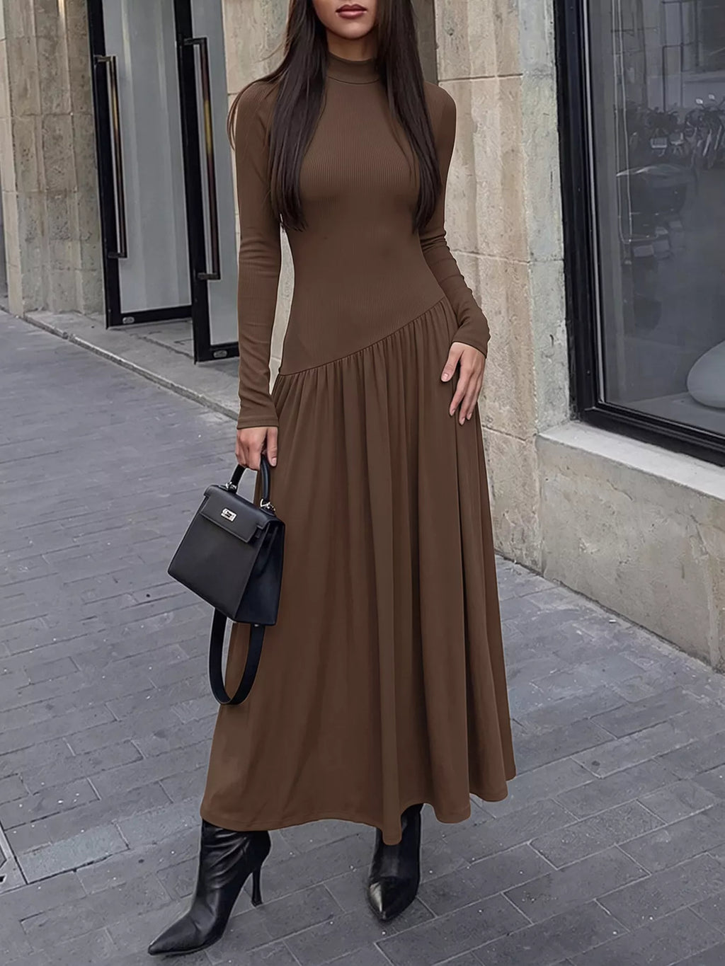 Mock Neck Long Sleeve Midi Dress