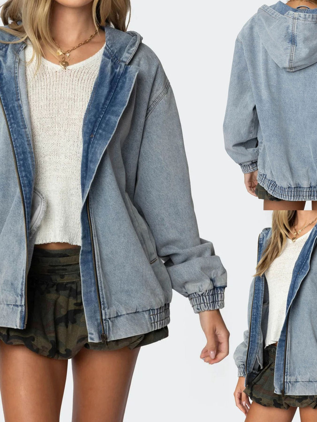 Hooded Oversized Zip Up Denim Jacket