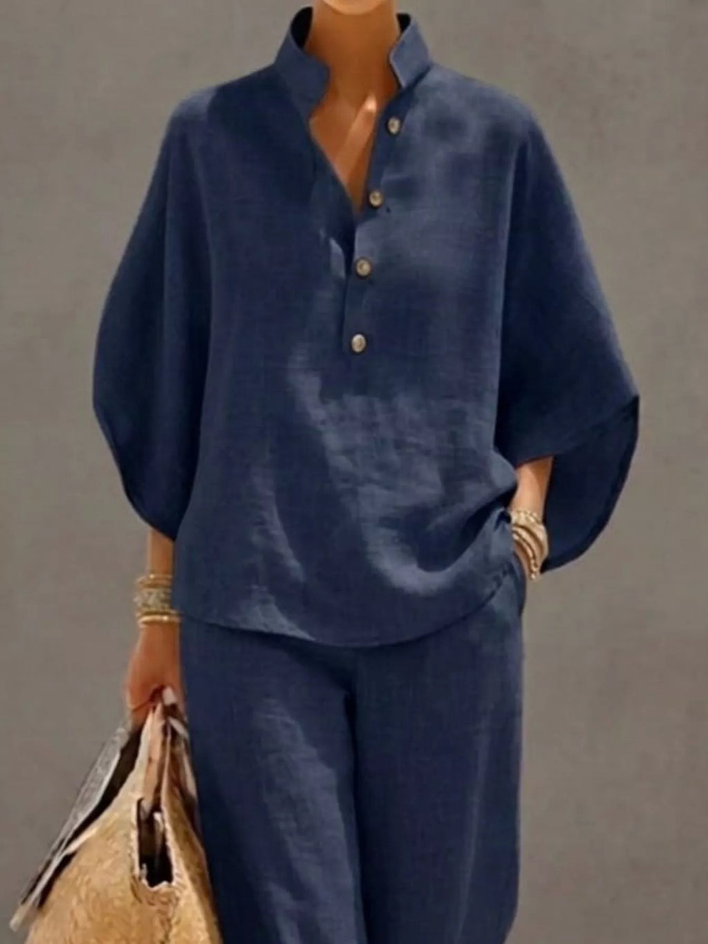 Full Size Button Detail 3/4 Sleeve Top and Pants Set Plus Size
