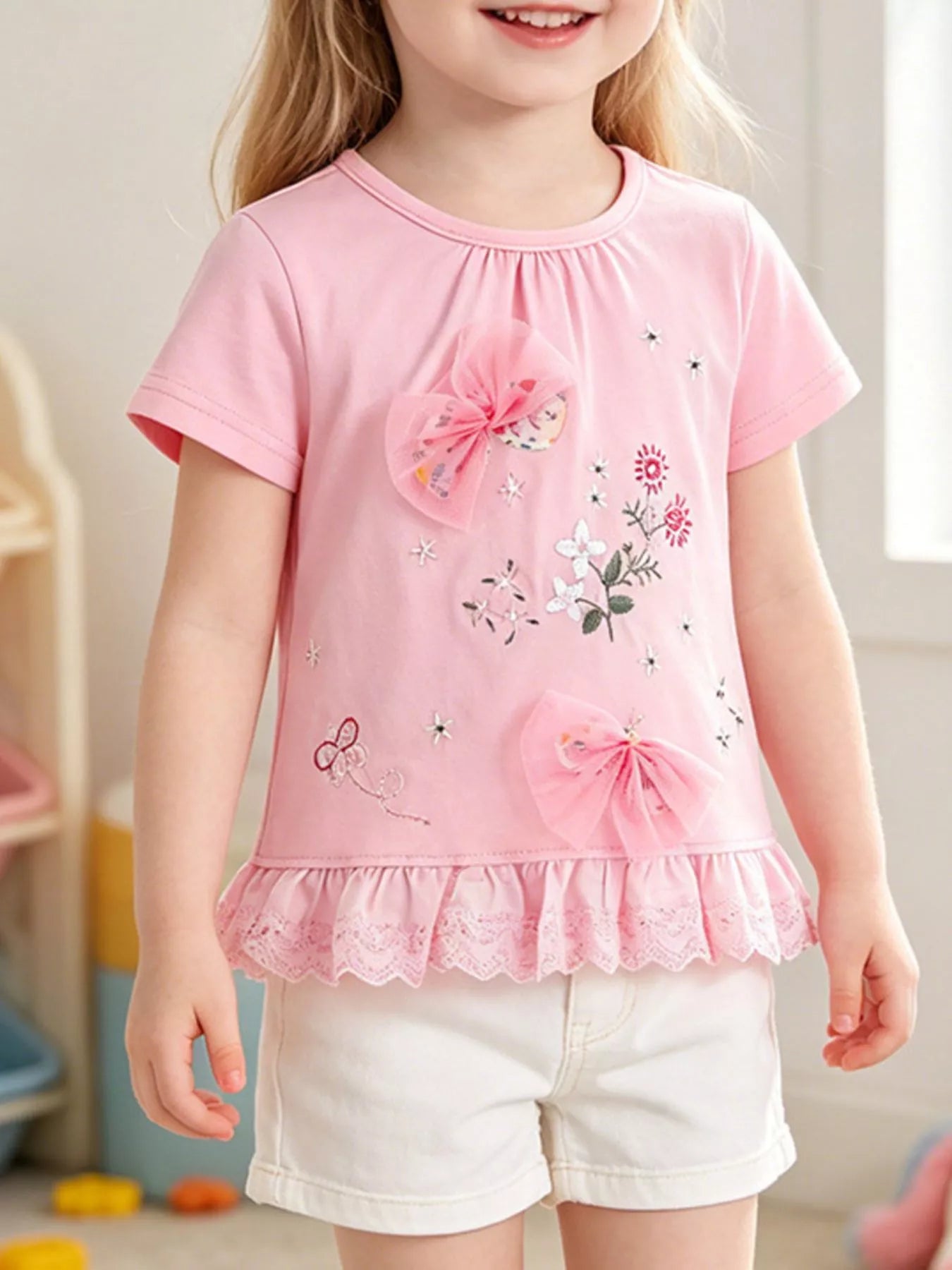 Children's Tulle Bow & Floral Embroidered T-Shirt