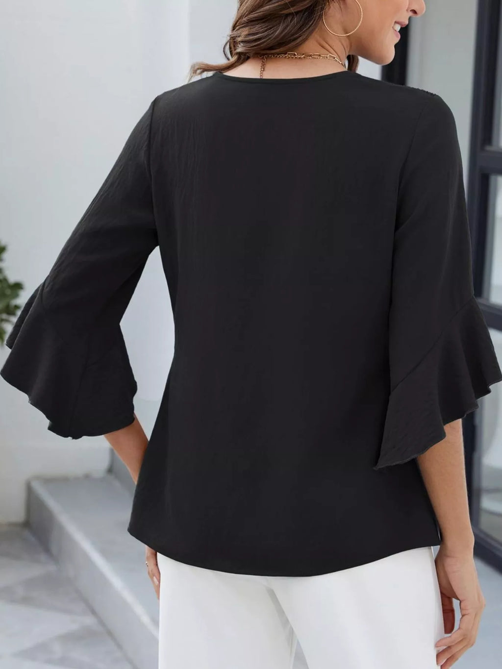 V-Neck Ruffle Sleeve Blouse