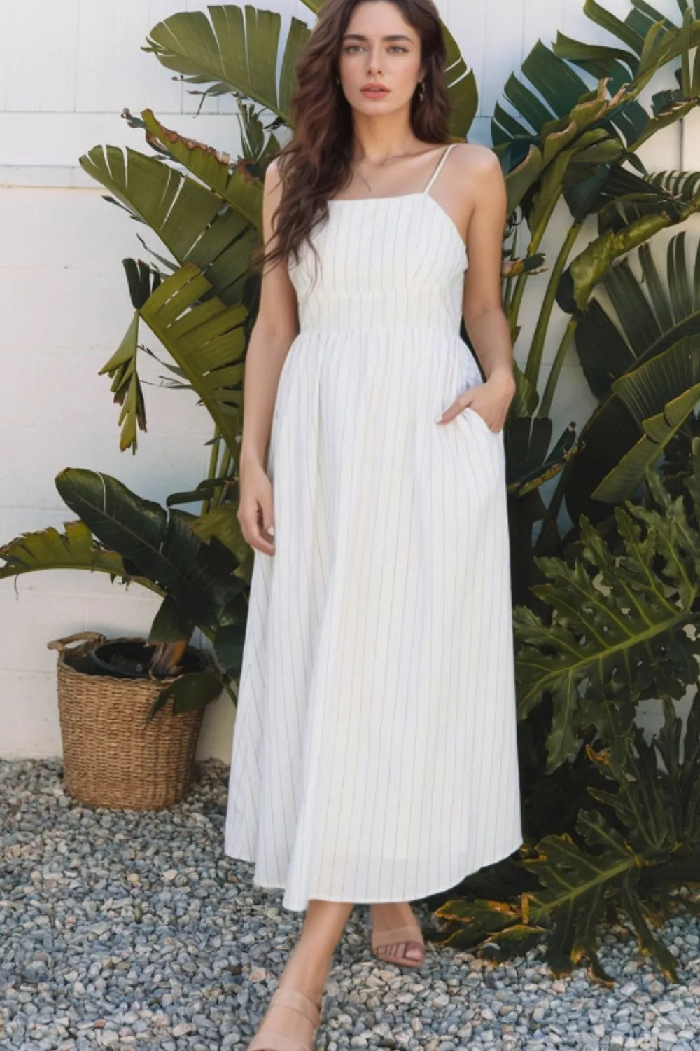 Stripe Square Neck Cami Dress with Pockets