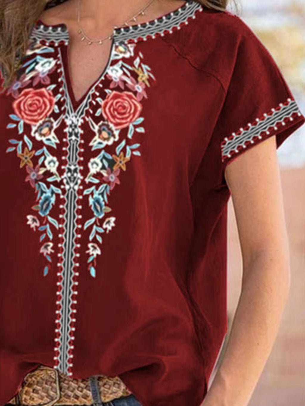 Full Size Floral Notched Short Sleeve Blouse Plus Size