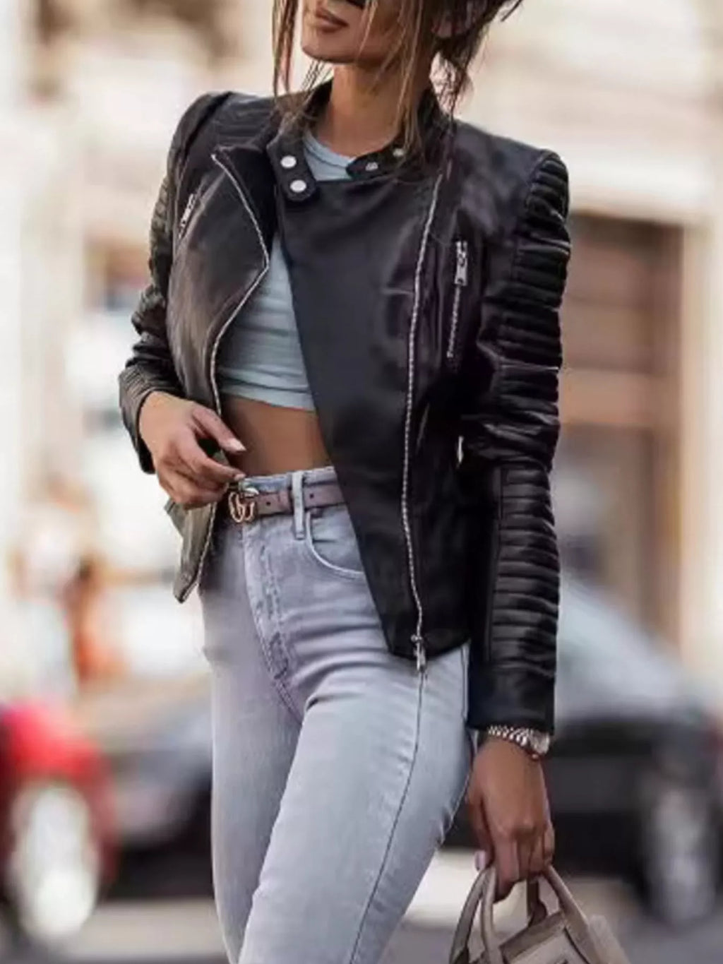 Quilted Sleeve Leather Moto Jacket