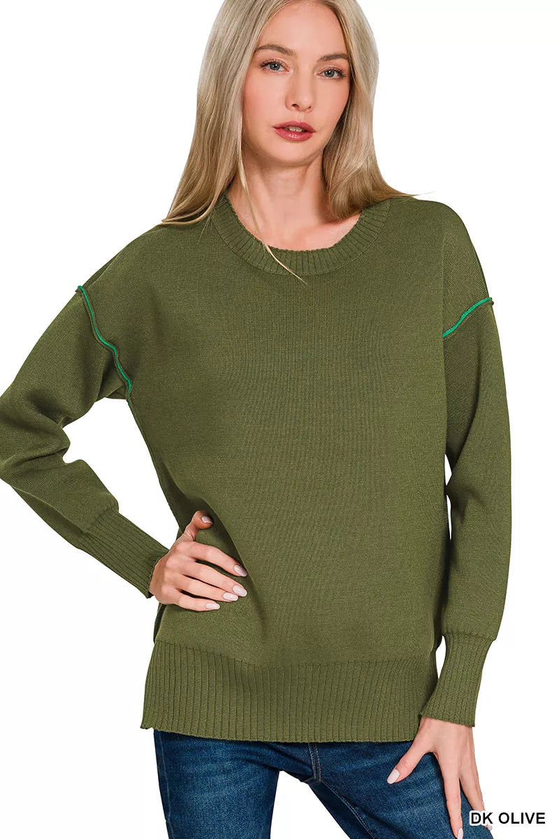 Zenana Round Neck Contrast Trim Sweater