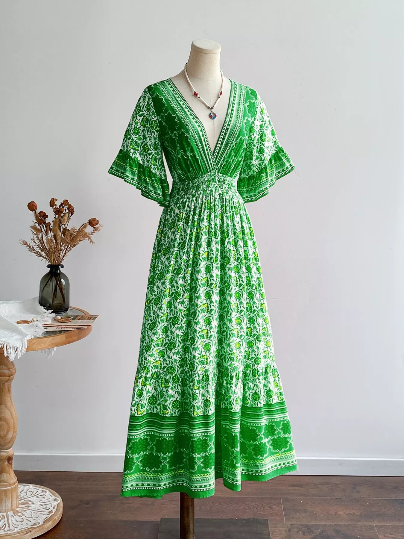 Floral Deep V-Neck Flutter Sleeves Dress