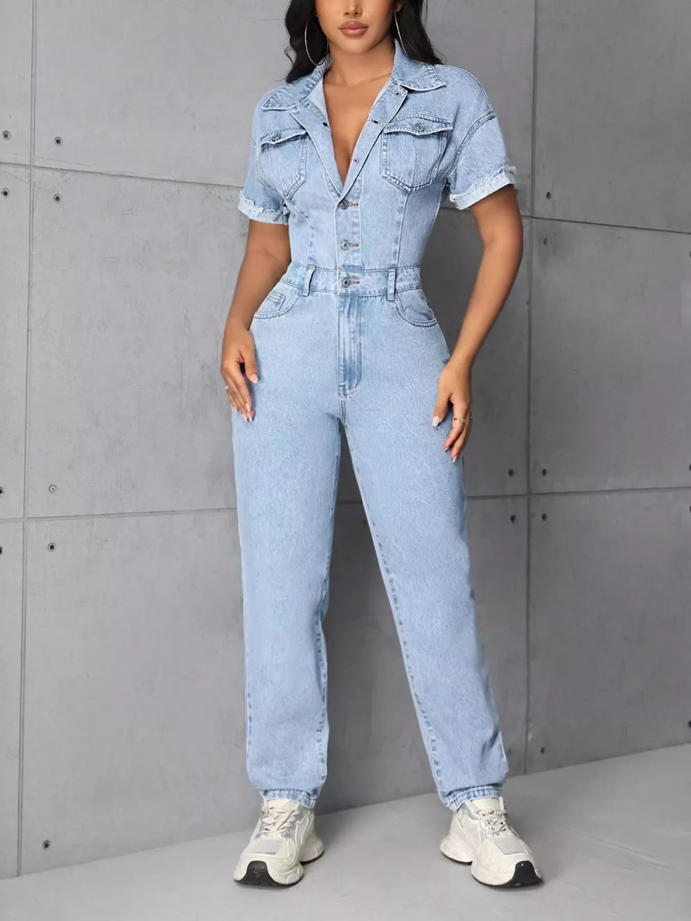 Button Front Short Sleeve Denim Jumpsuit