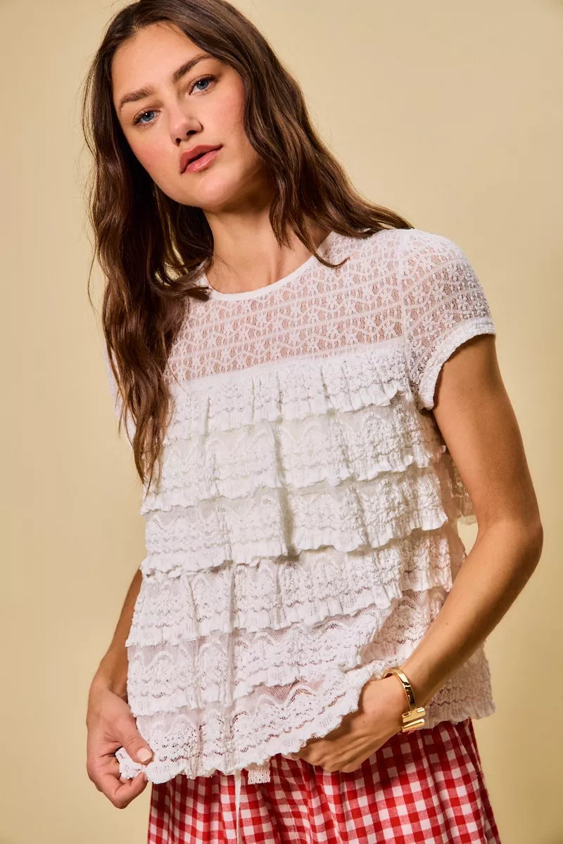 SO ME Ruffle Tiered Stretch Lace Short Sleeves Knit Top
