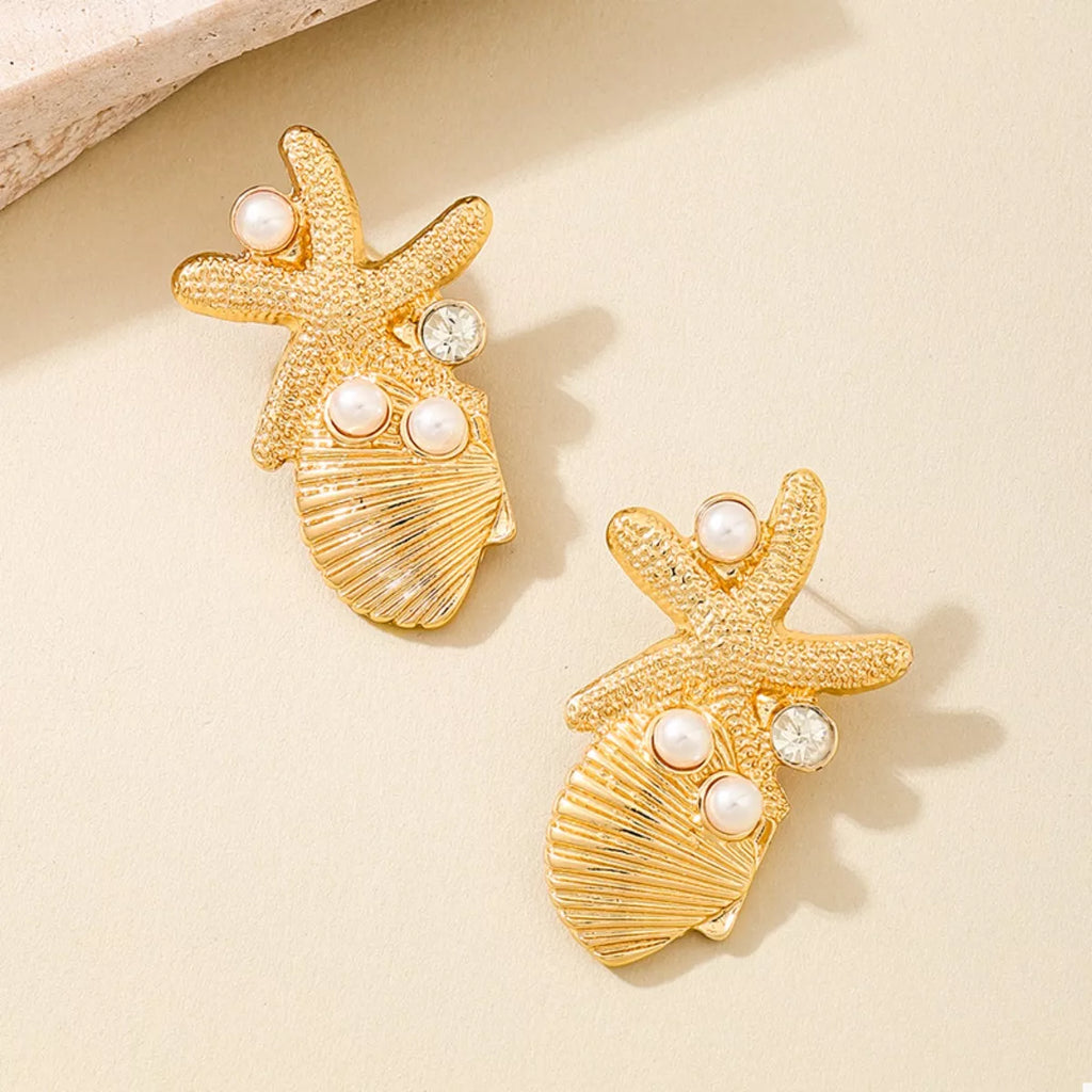 Ocean Starfish Shell Synthetic Pearl Drop Earrings