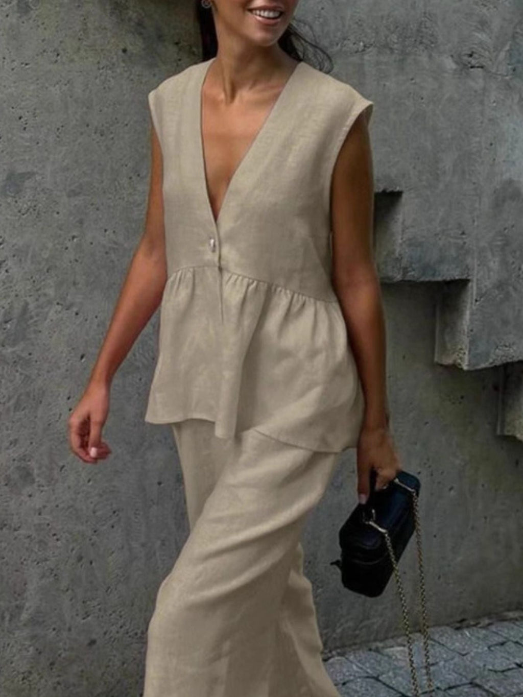 One Button Sleeveless Top and Wide-Leg Pants Set
