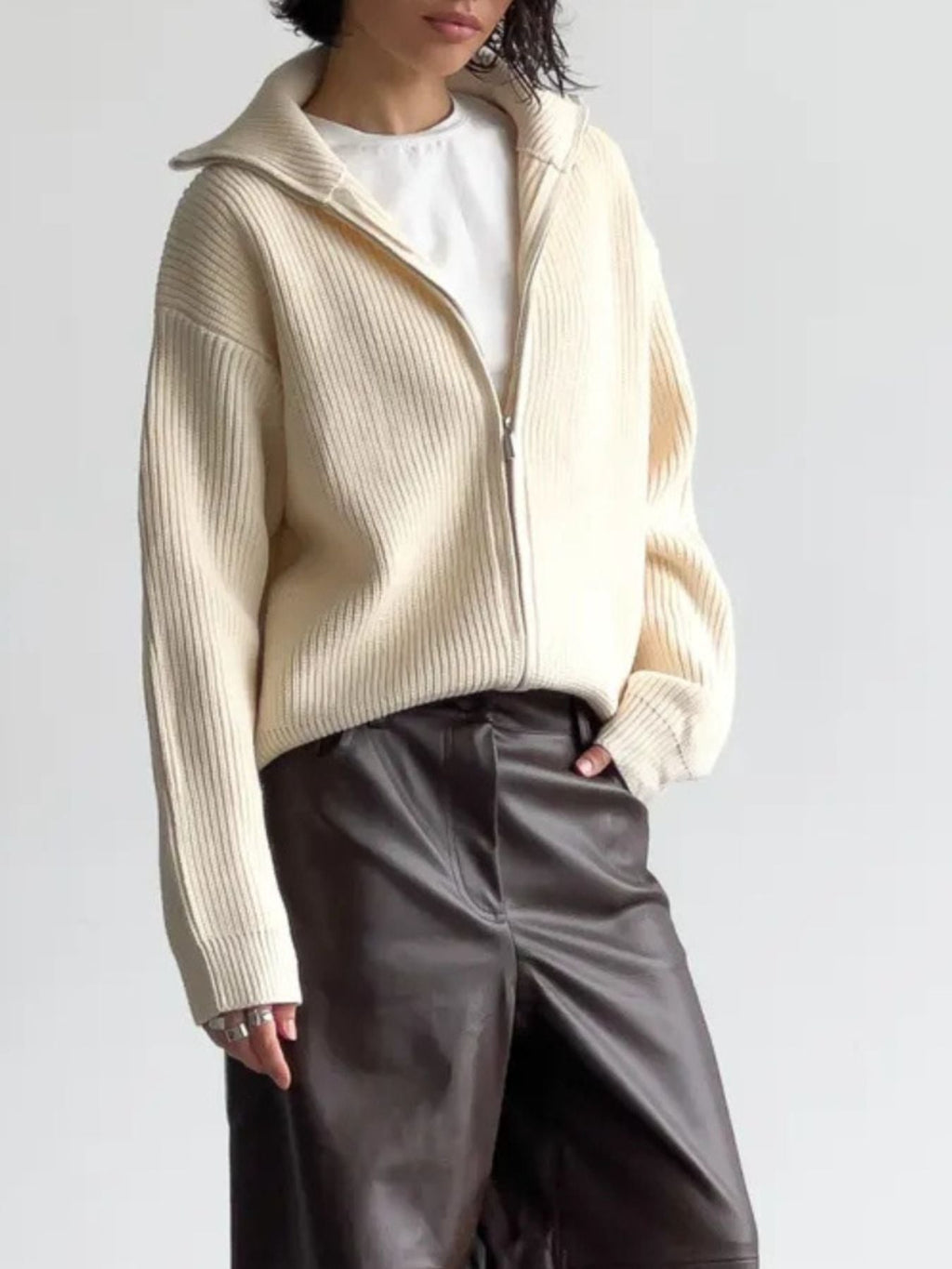 Zip-Up Ribbed Knit Cardigan