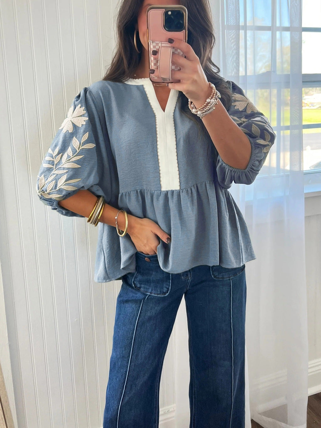 Embroidered Sleeve Peplum Blouse