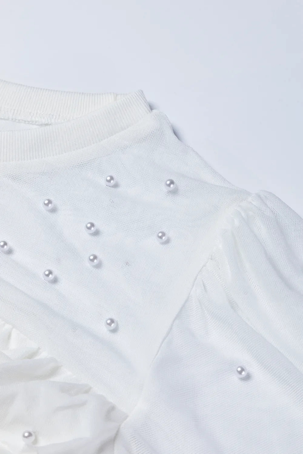 Pearl Decor Mesh Patchwork Ribbed Long Sleeve Top