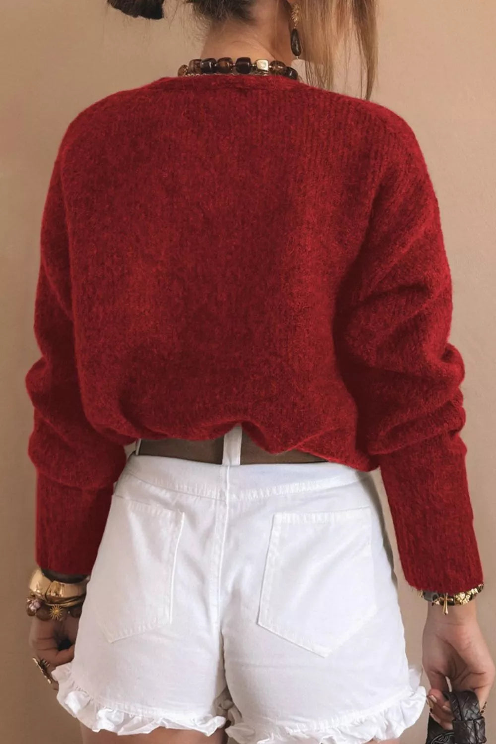 Heart Button Fuzzy Knit Cardigan