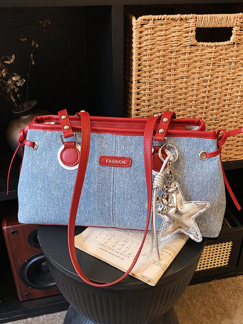 Denim Shoulder Bag with Star Charm