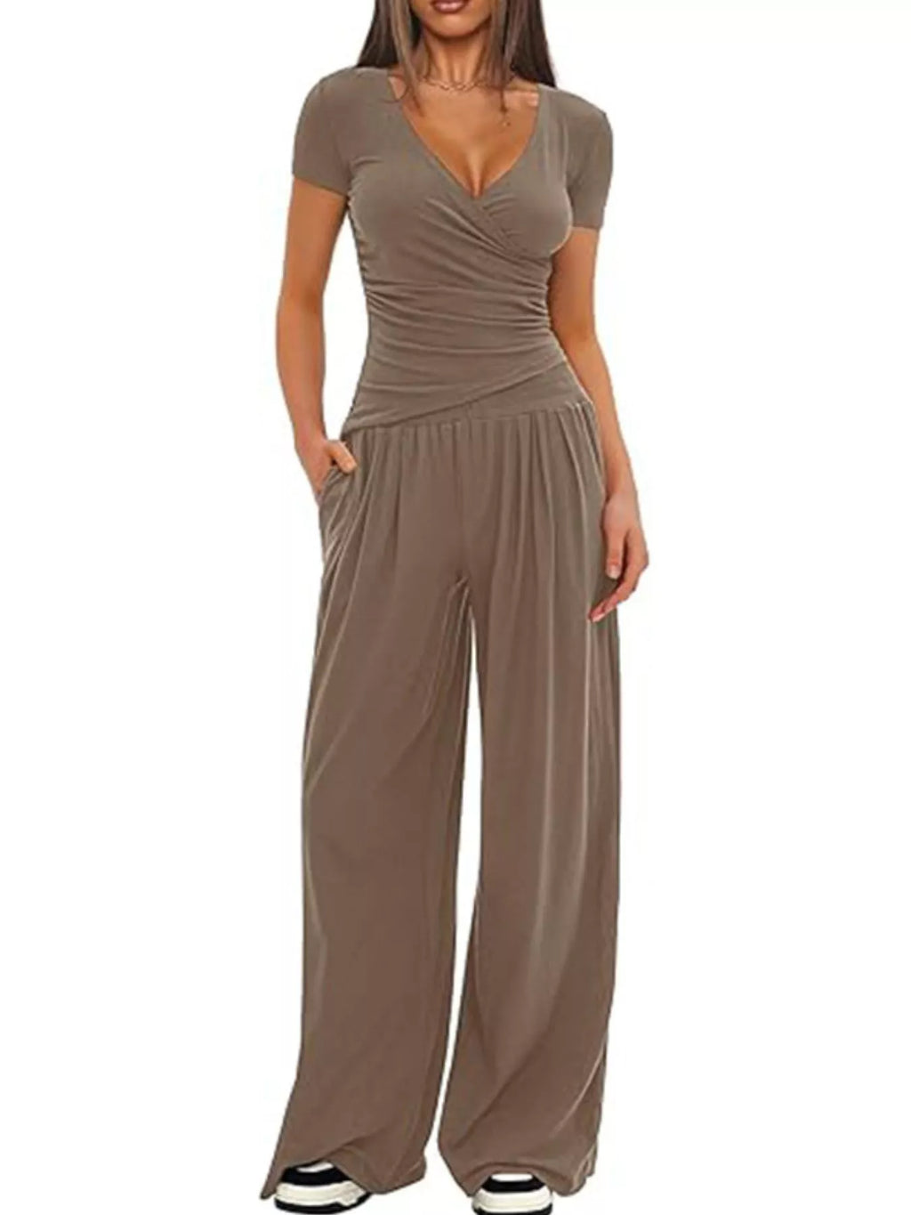 Surplice Short Sleeve Top and Pants Set