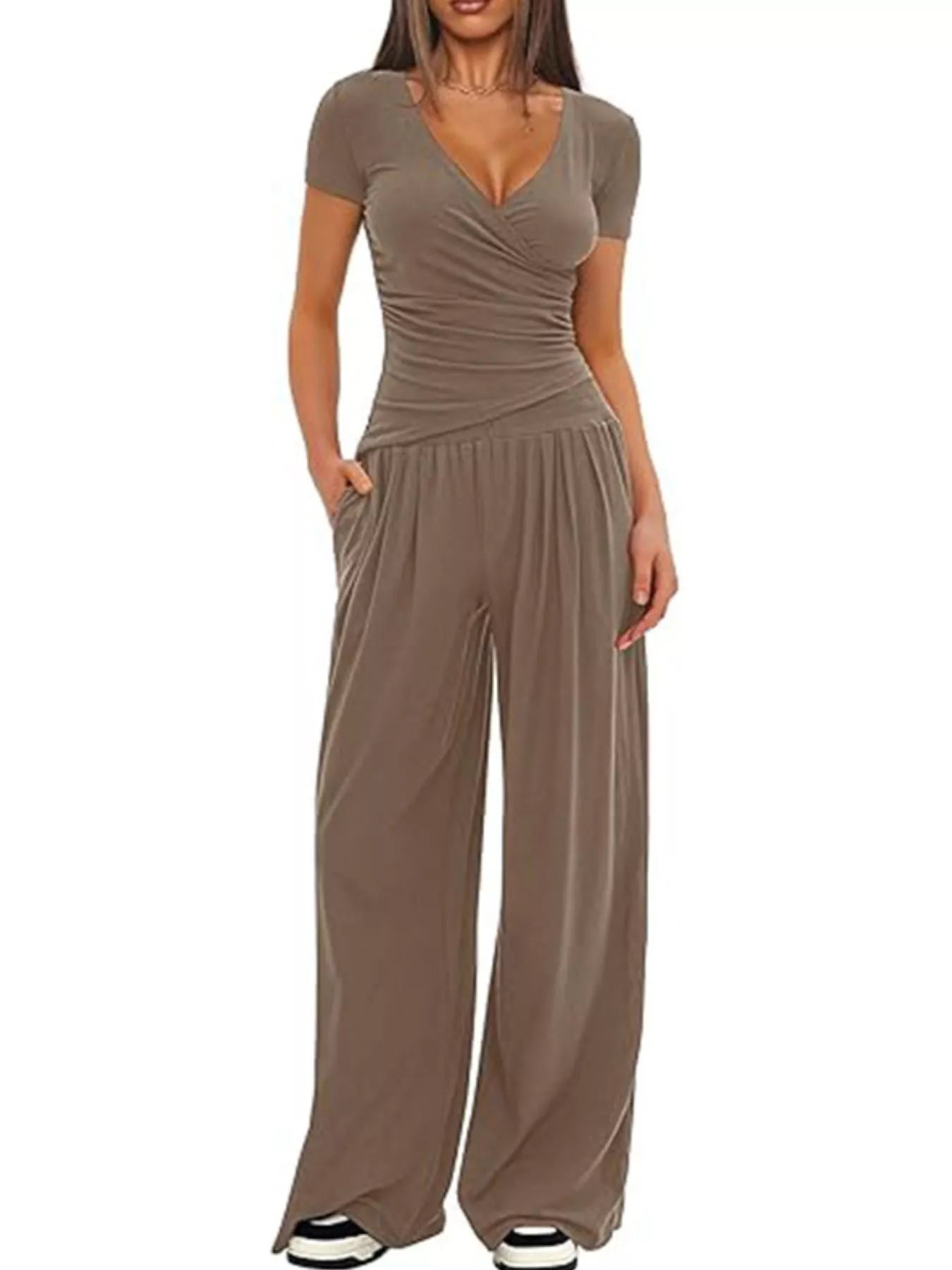 Surplice Short Sleeve Top and Pants Set