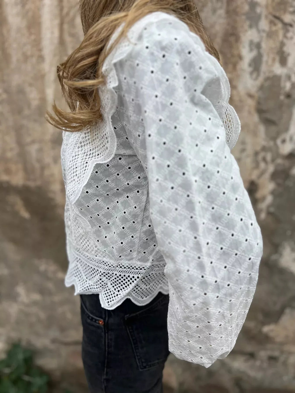 Eyelet Button-Up Shirt with Scalloped Hem
