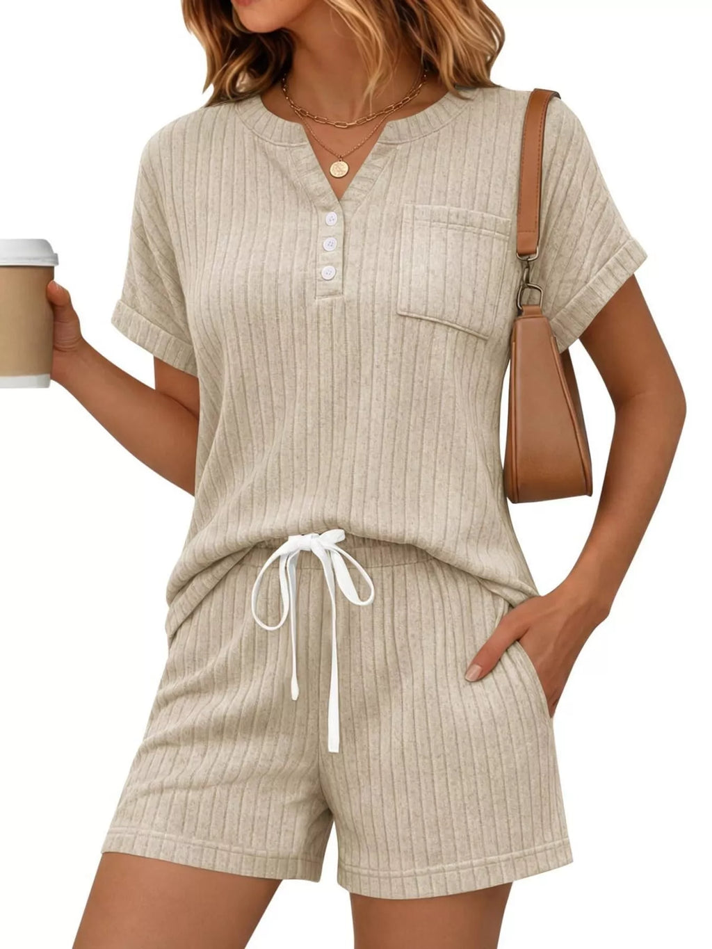 Casual Ribbed Knit Tee and Shorts Set