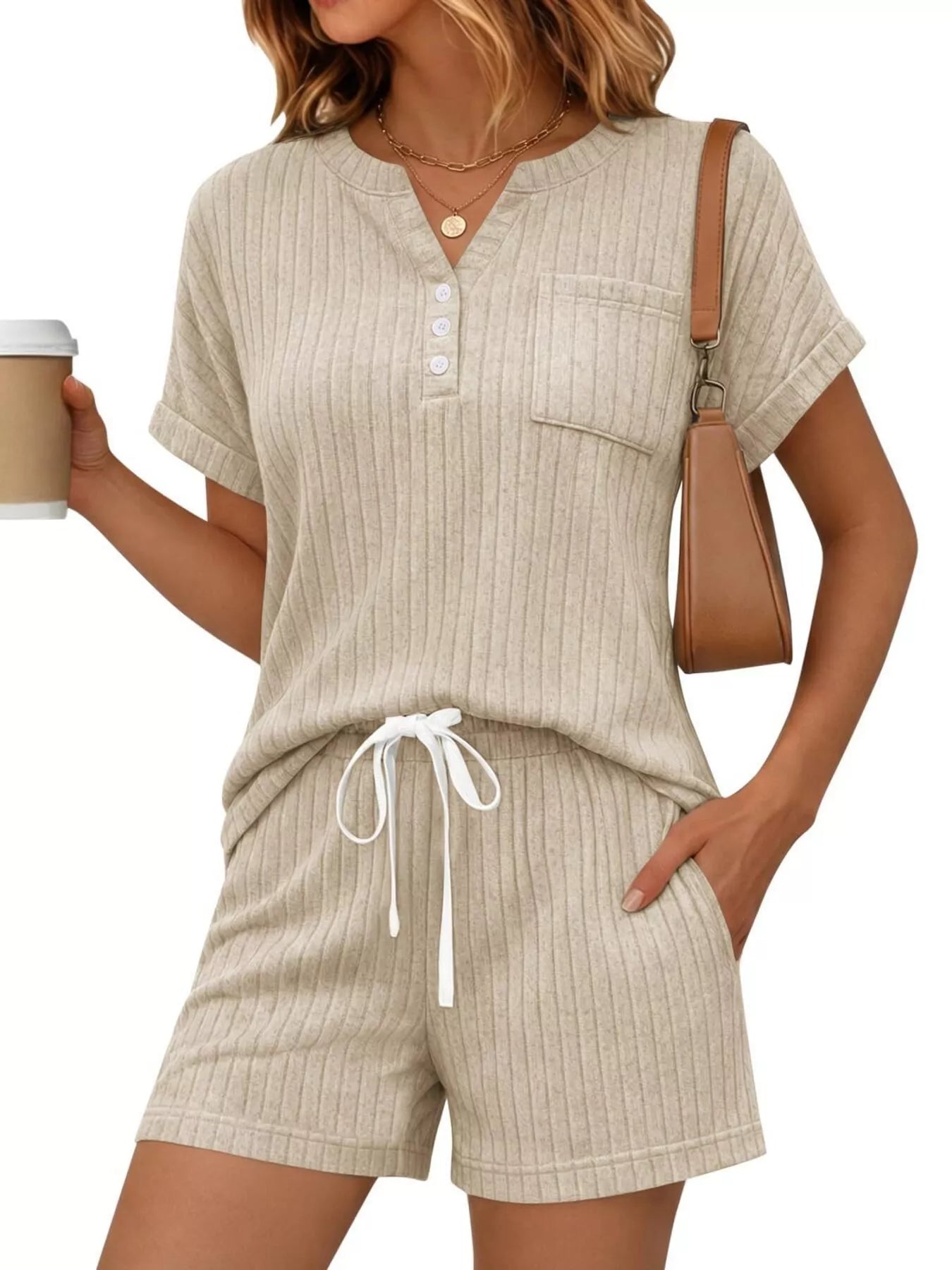 Casual Ribbed Knit Tee and Shorts Set