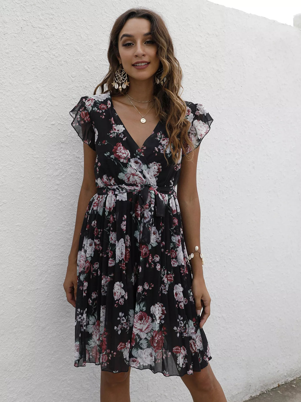 Pleated Floral Print Ruffle Sleeve Dress
