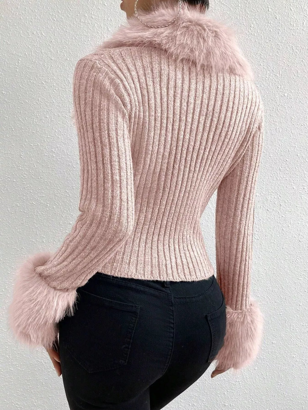 Faux Fur Trim Ribbed Knit Cropped Cardigan