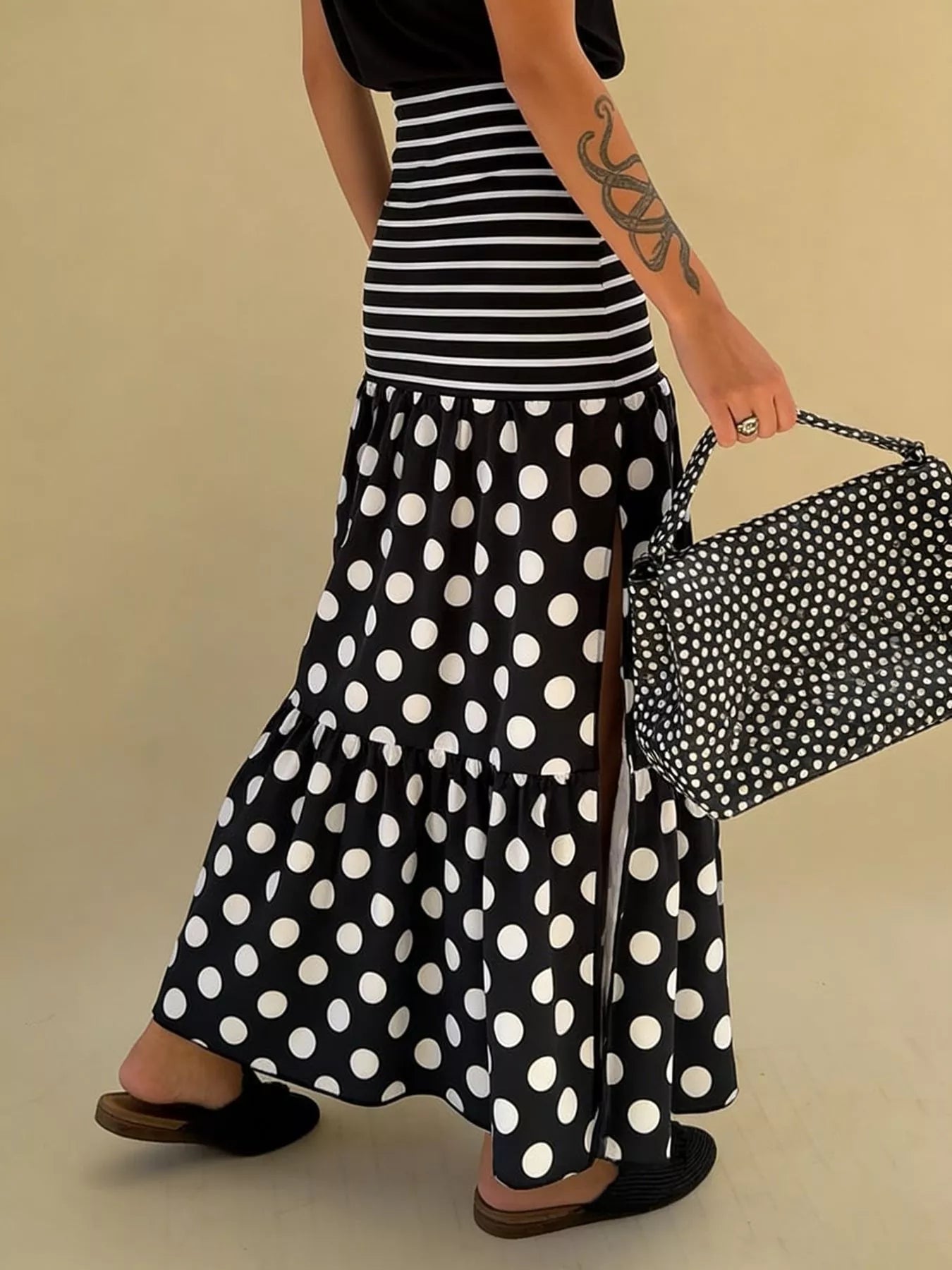 Polka Dot Striped Slit Maxi Skirt