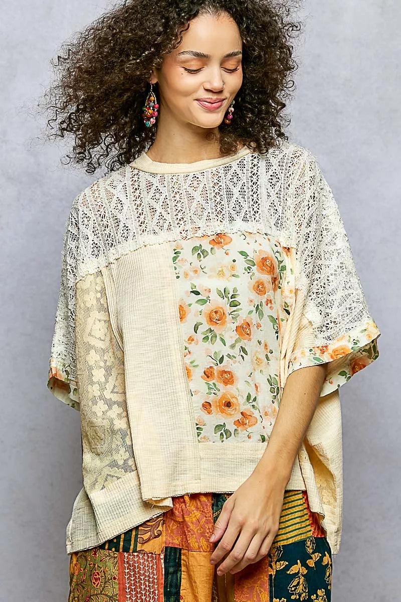 POL Floral Patchwork Lace Accent Blouse