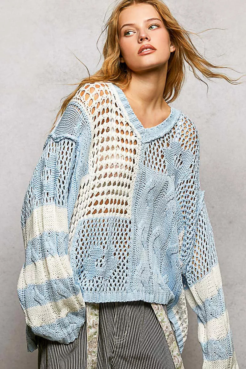 POL Color-Blocked Stripe Pattern Knit Top with Twisted Weave