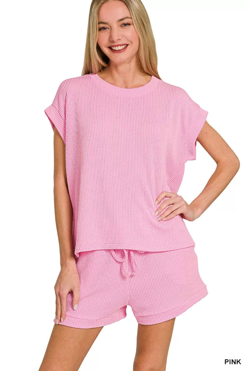 Zenana Raised Rib Cap Sleeve Top & Shorts Set