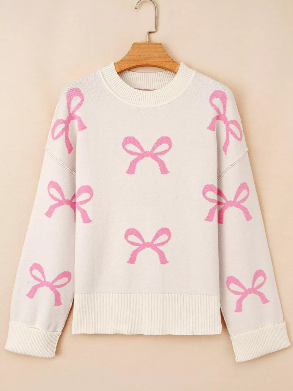 Bow Print Ribbed Trim Exposed Seam Drop Shoulder Loose Sweater
