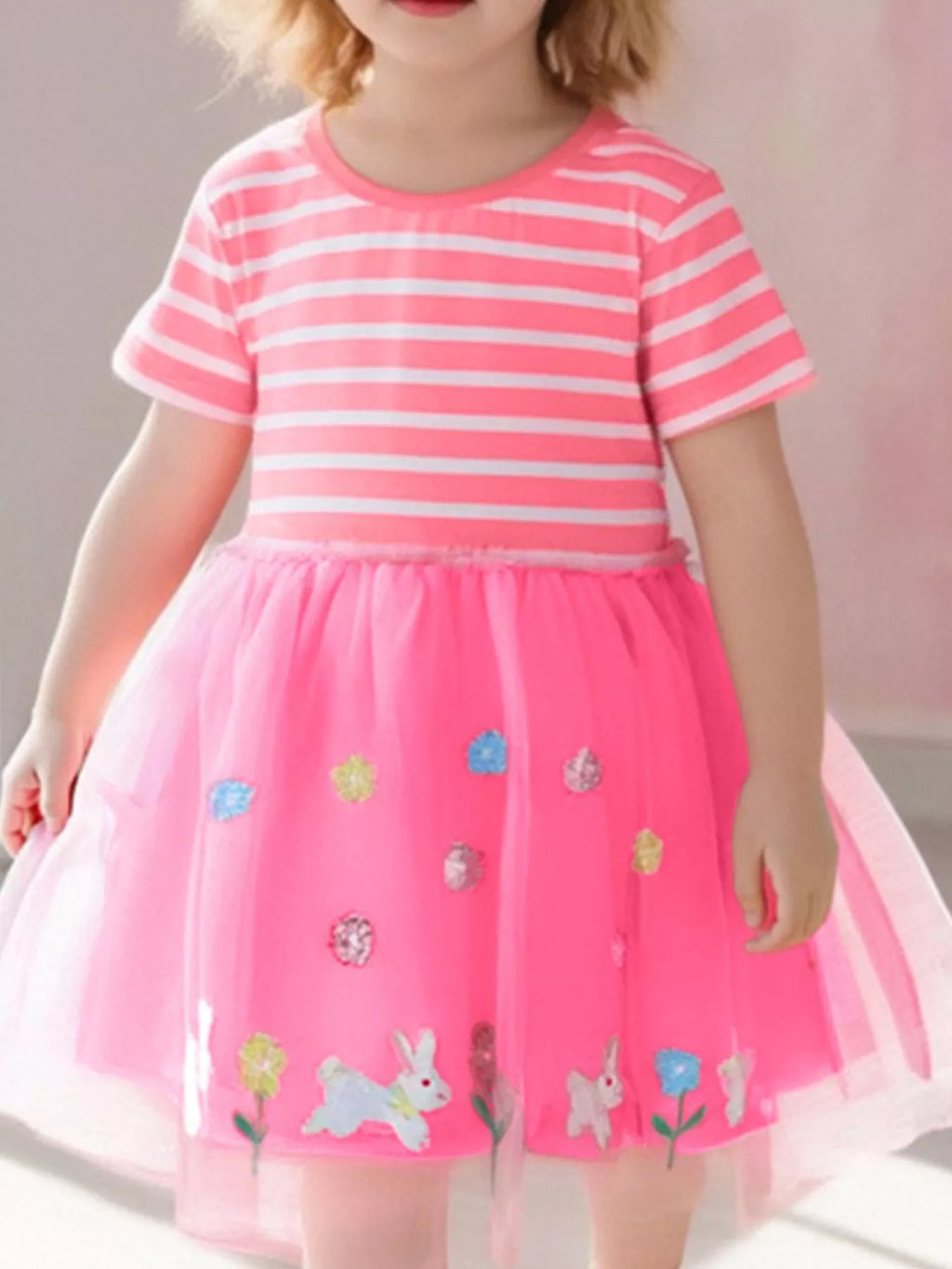 Children's Striped Tulle Dress with Bunny Applique