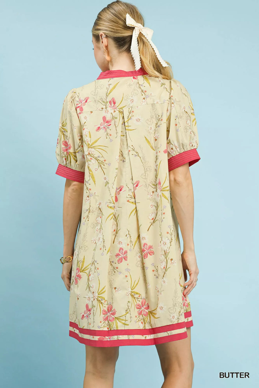 Umgee Floral Puff Sleeve Dress with Contrast Trim
