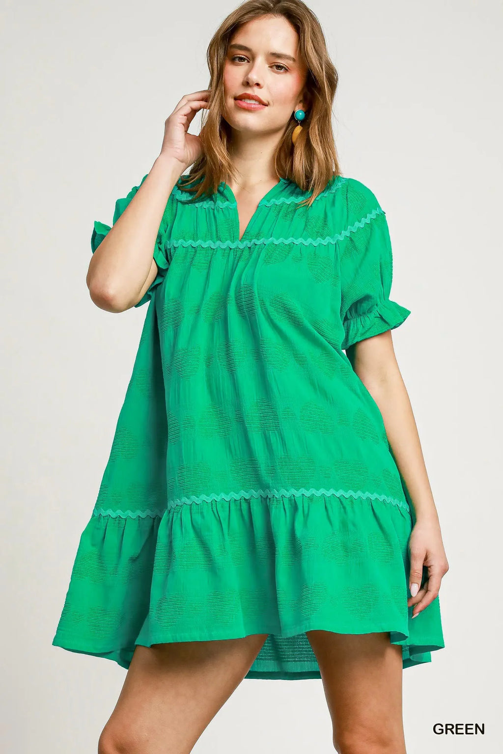 Umgee Heart Pattern Short Sleeve Ruffle Babydoll Dress