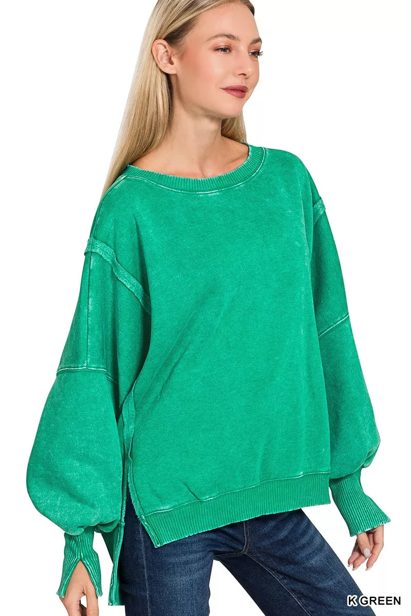 Zenana Acid Washed Batwing Sleeve Fleece Sweatshirt